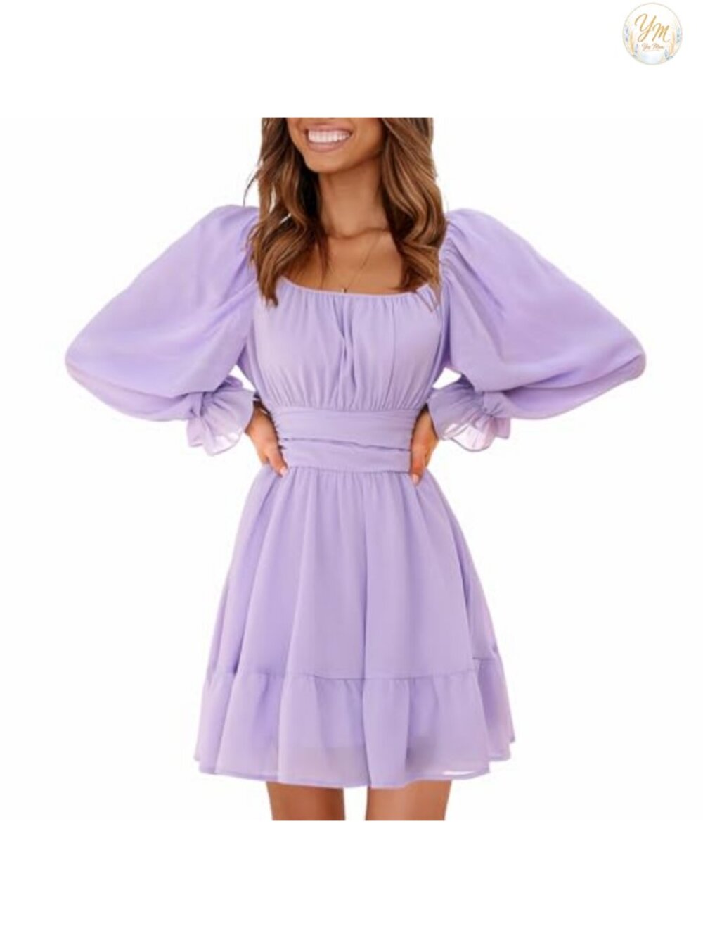 EXLURA Women's Lantern Sleeve Square Neck Ruffle Tie Back A-Line Mini Dress